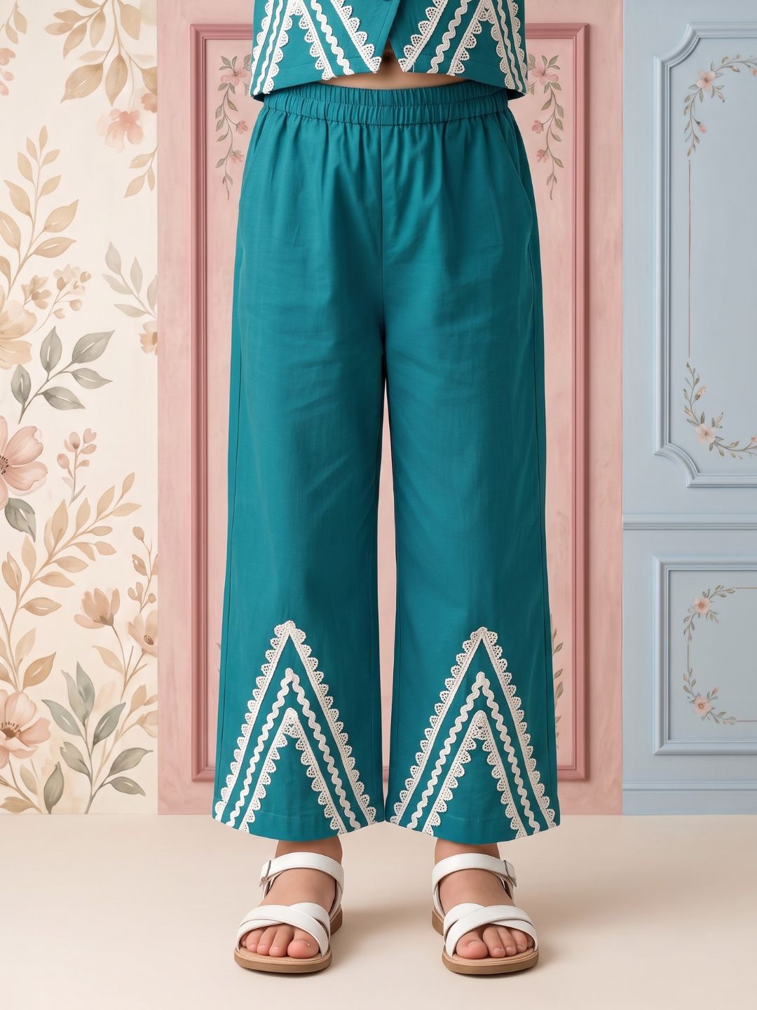 AJ Dezines Firozi Solid with lace Pure Cotton Co-Ords Set For Girls