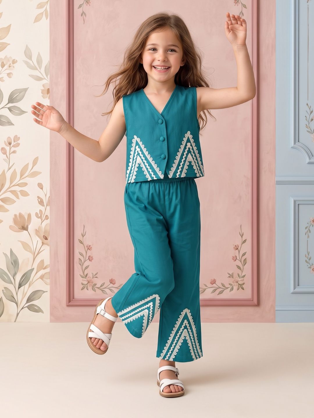 AJ Dezines Firozi Solid with lace Pure Cotton Co-Ords Set For Girls