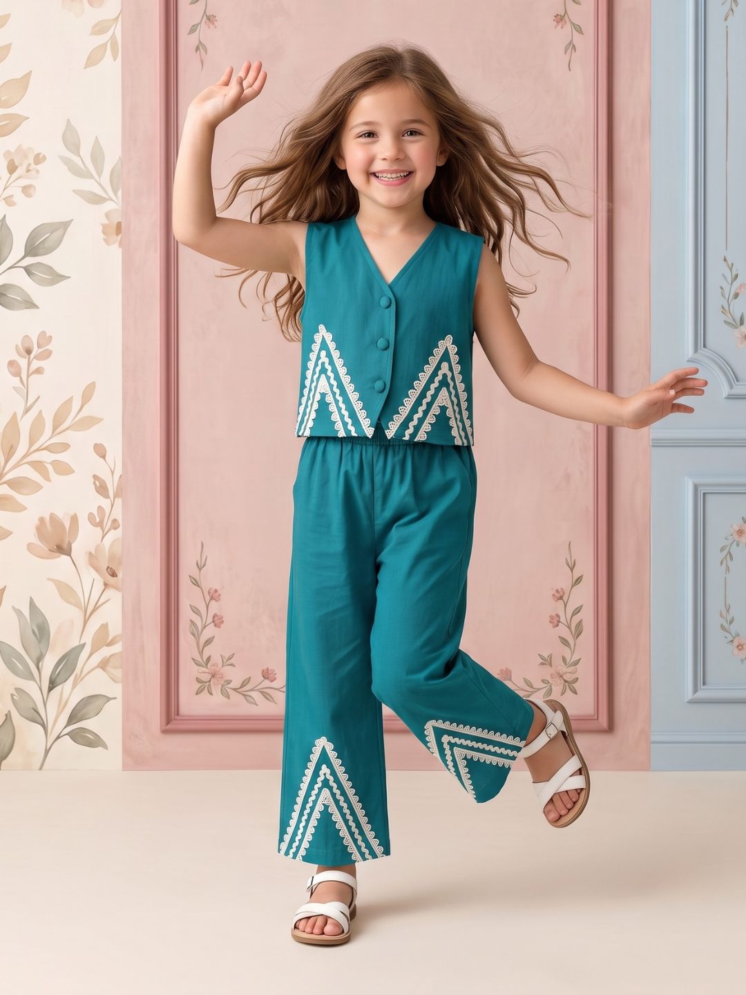 AJ Dezines Firozi Solid with lace Pure Cotton Co-Ords Set For Girls