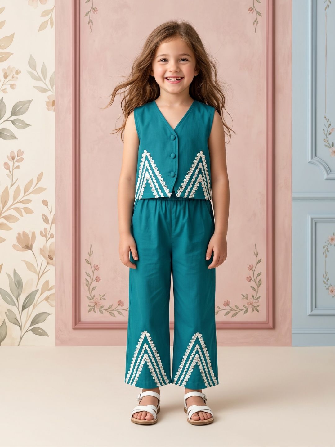AJ Dezines Firozi Solid with lace Pure Cotton Co-Ords Set For Girls