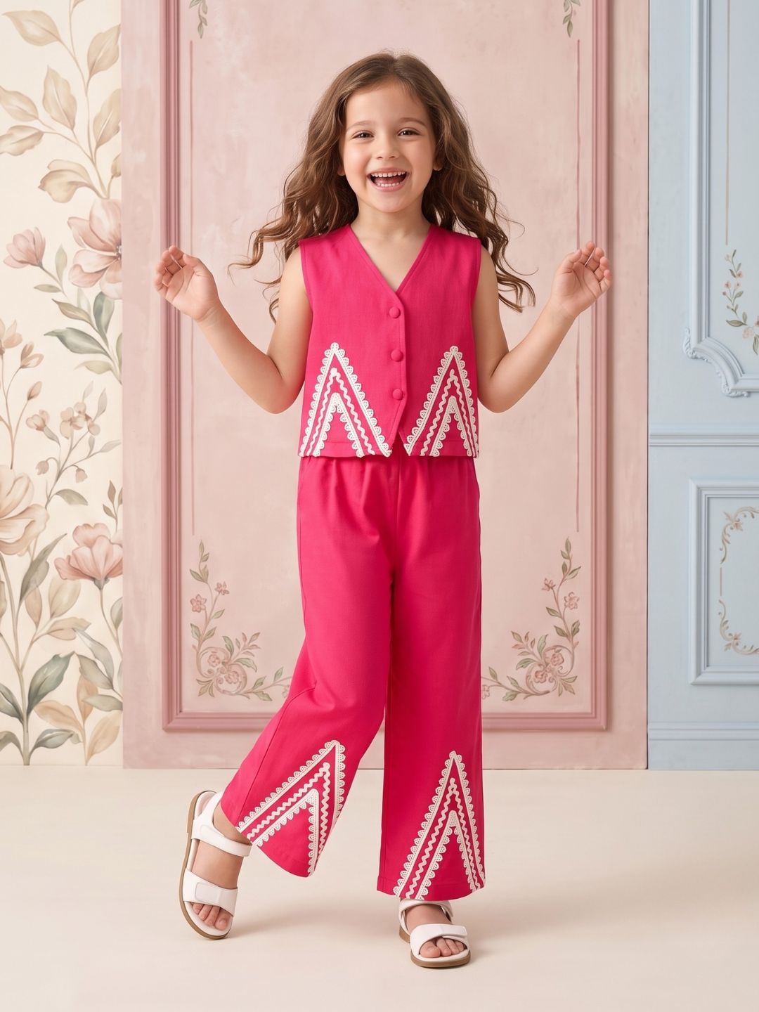 AJ Dezines Pink Solid with lace Pure Cotton Co-Ords Set For Girls