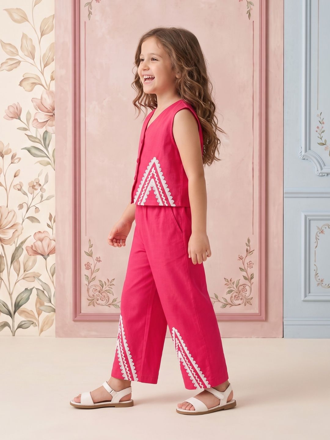 AJ Dezines Pink Solid with lace Pure Cotton Co-Ords Set For Girls
