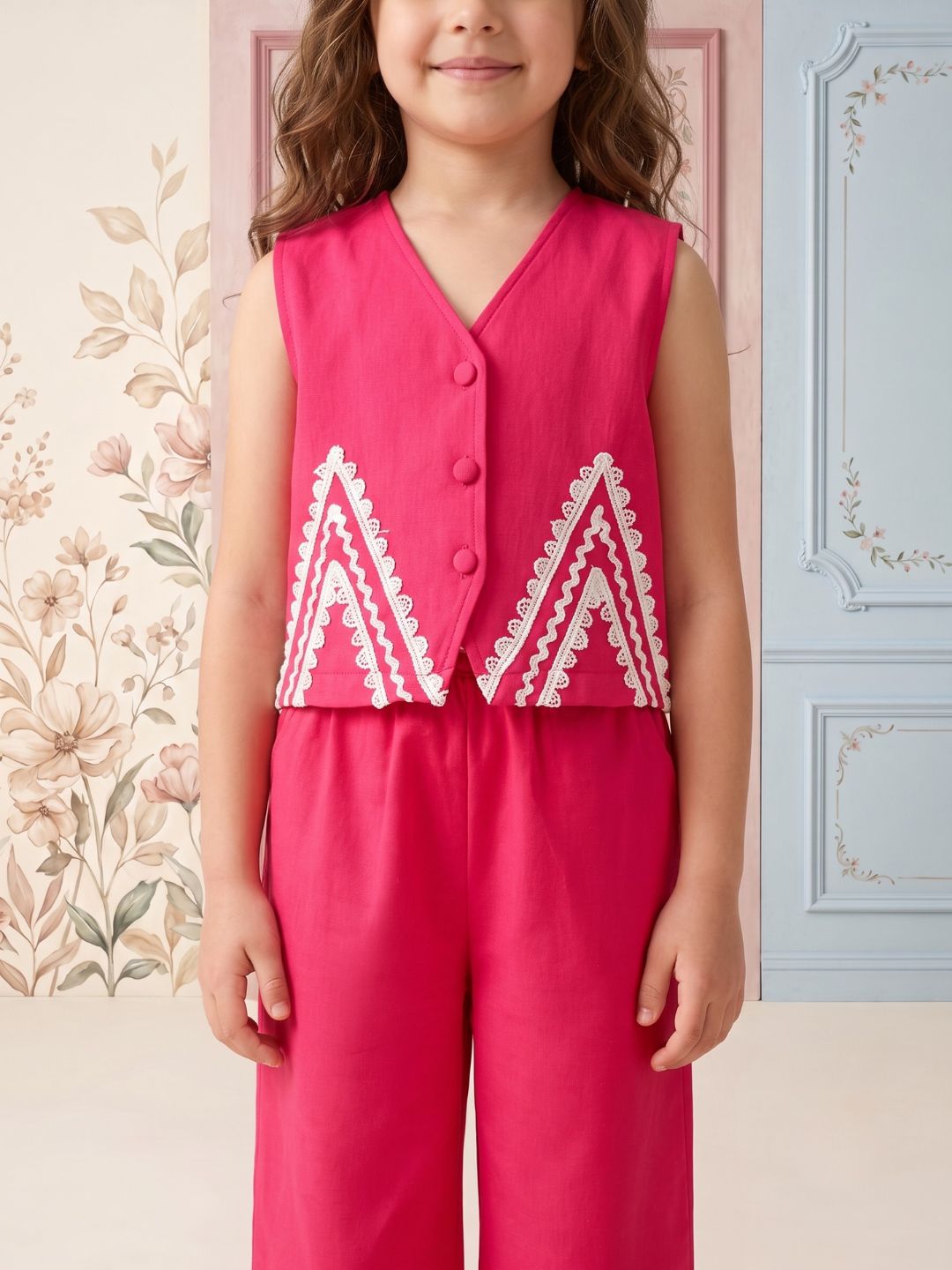 AJ Dezines Pink Solid with lace Pure Cotton Co-Ords Set For Girls