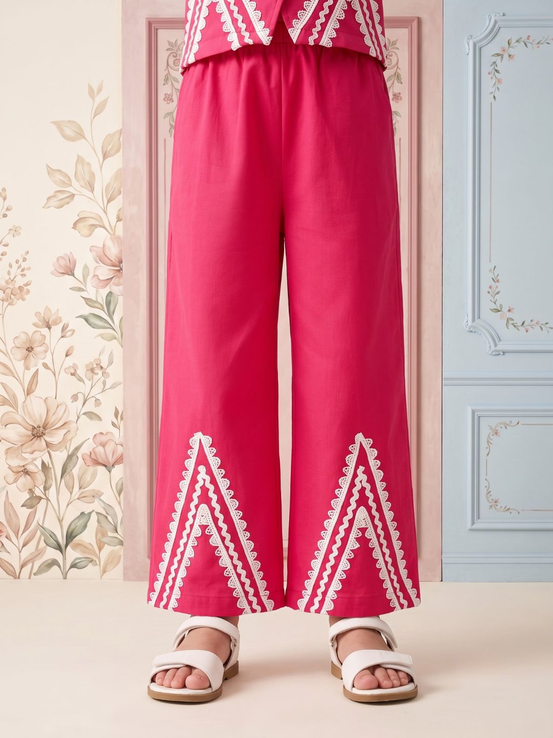 AJ Dezines Pink Solid with lace Pure Cotton Co-Ords Set For Girls