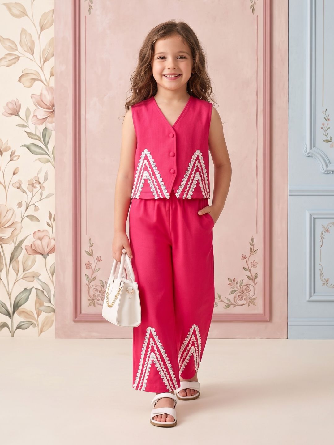 AJ Dezines Pink Solid with lace Pure Cotton Co-Ords Set For Girls