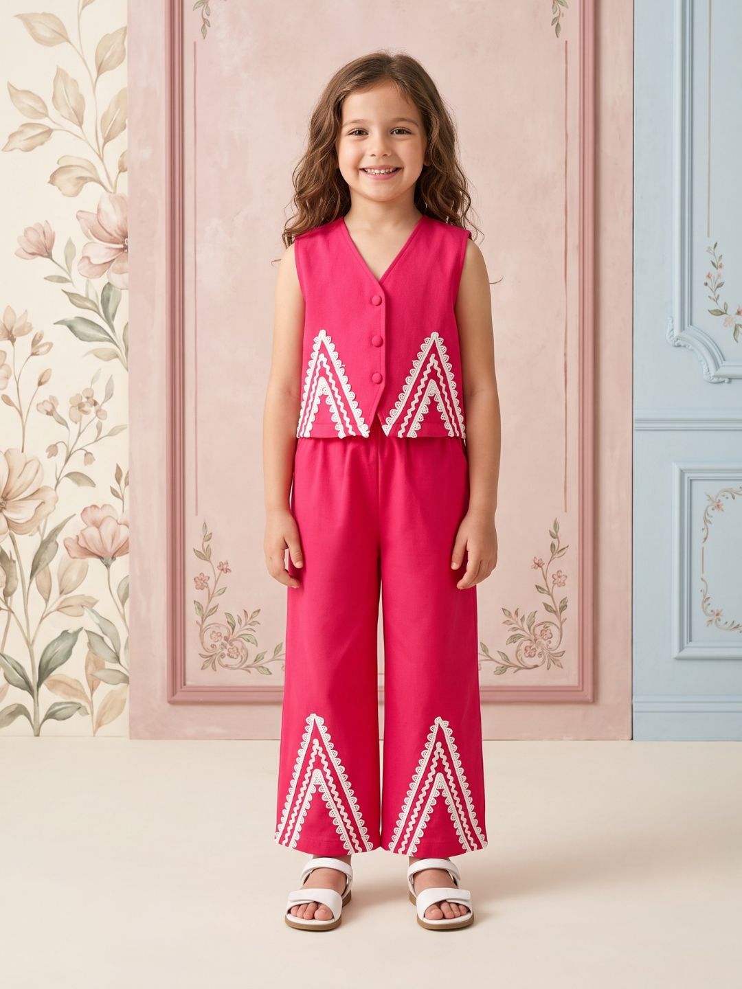 AJ Dezines Pink Solid with lace Pure Cotton Co-Ords Set For Girls