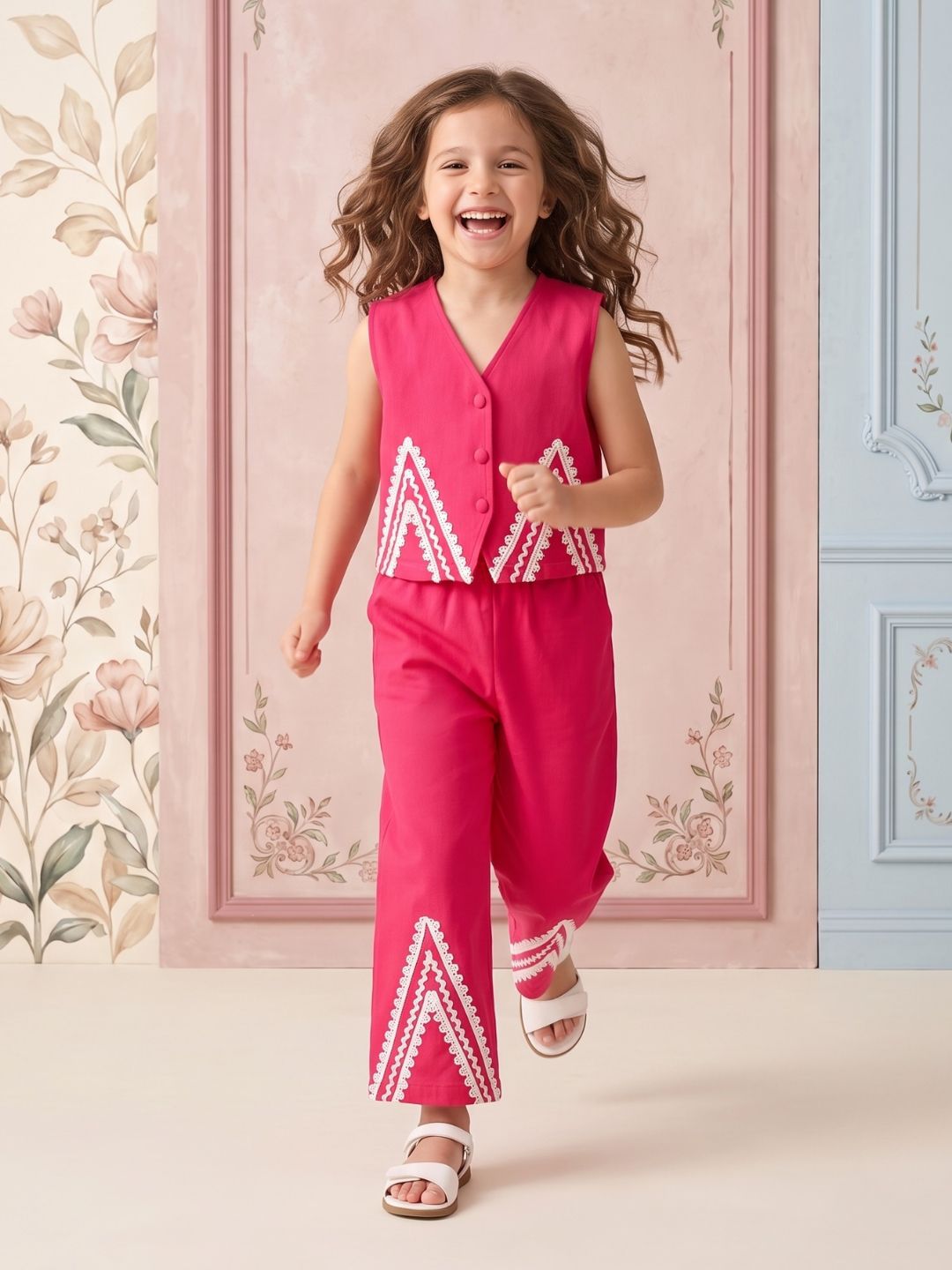 AJ Dezines Pink Solid with lace Pure Cotton Co-Ords Set For Girls