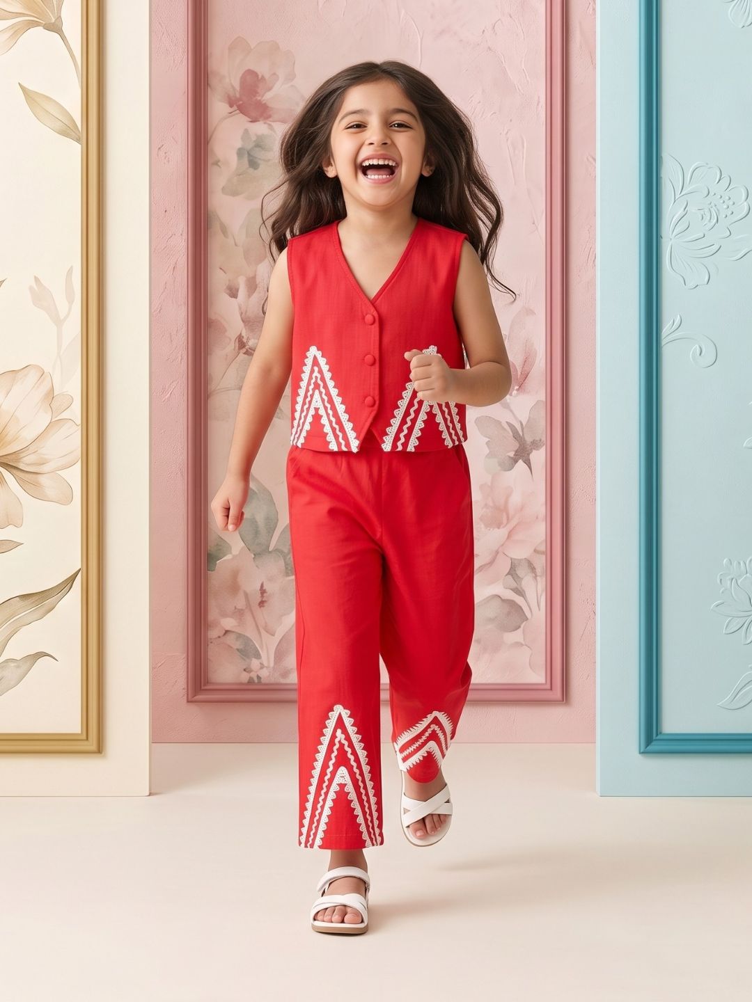AJ Dezines Red Solid with lace Pure Cotton Co-Ords Set For Girls