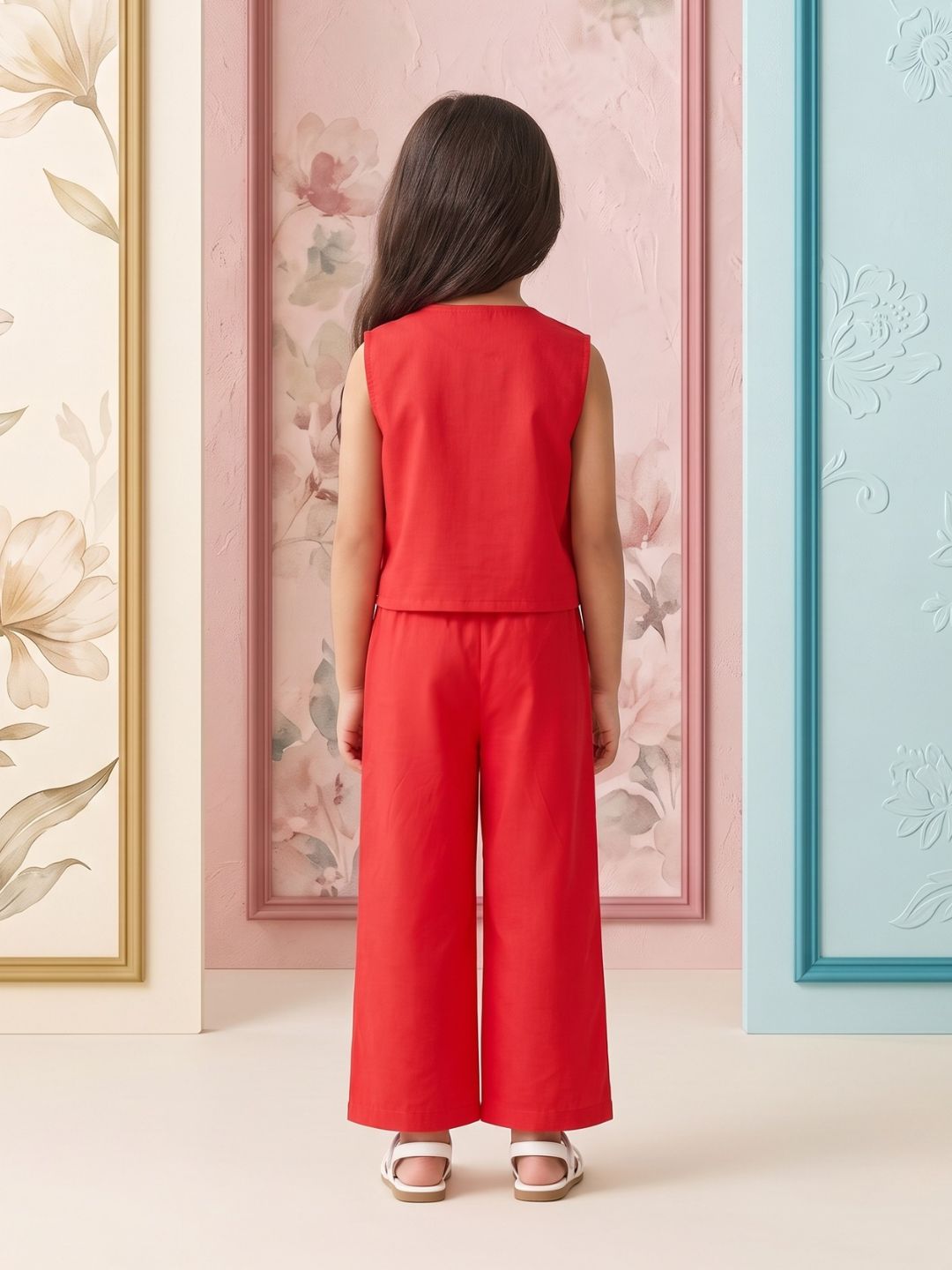 AJ Dezines Red Solid with lace Pure Cotton Co-Ords Set For Girls