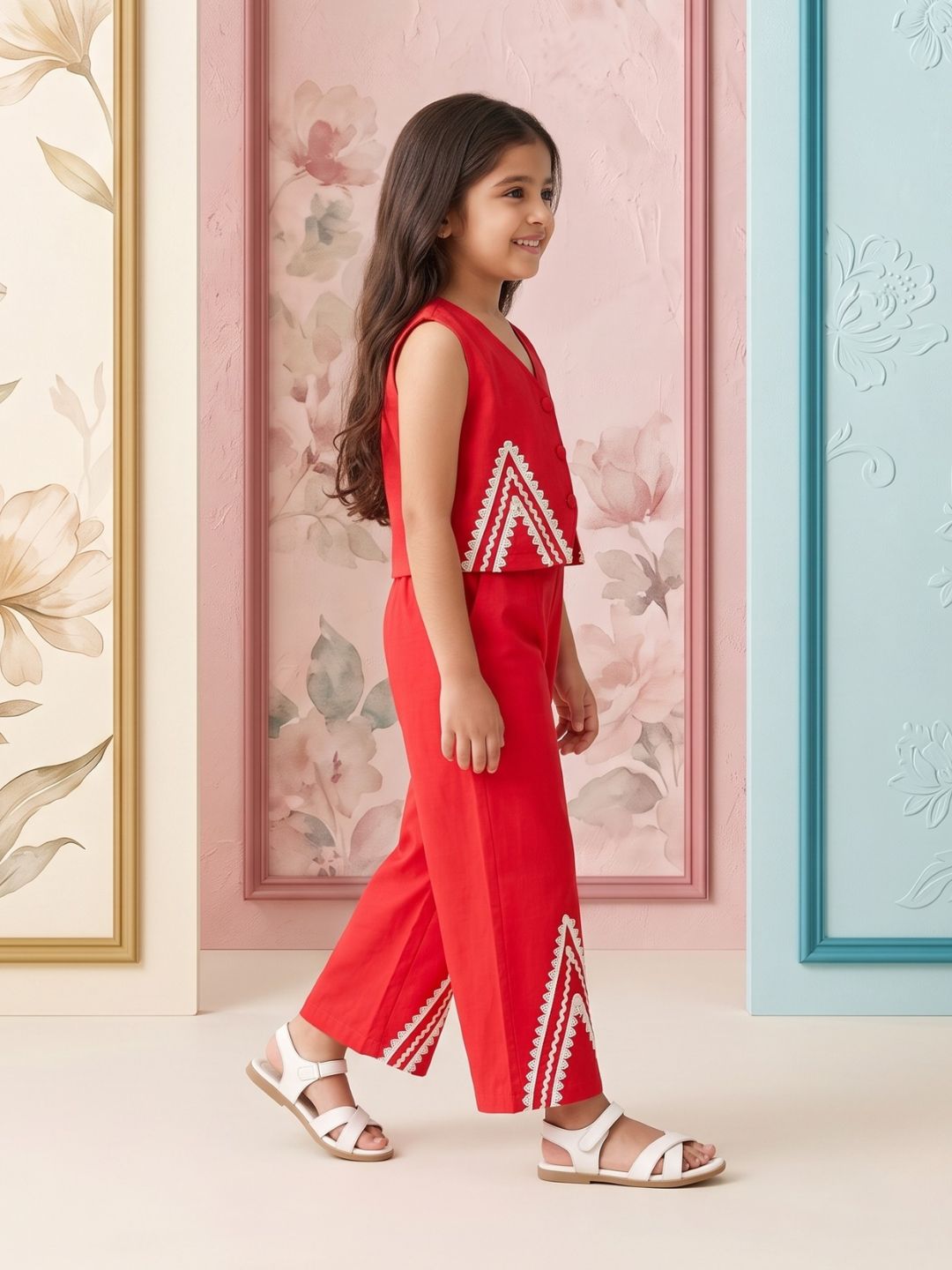 AJ Dezines Red Solid with lace Pure Cotton Co-Ords Set For Girls