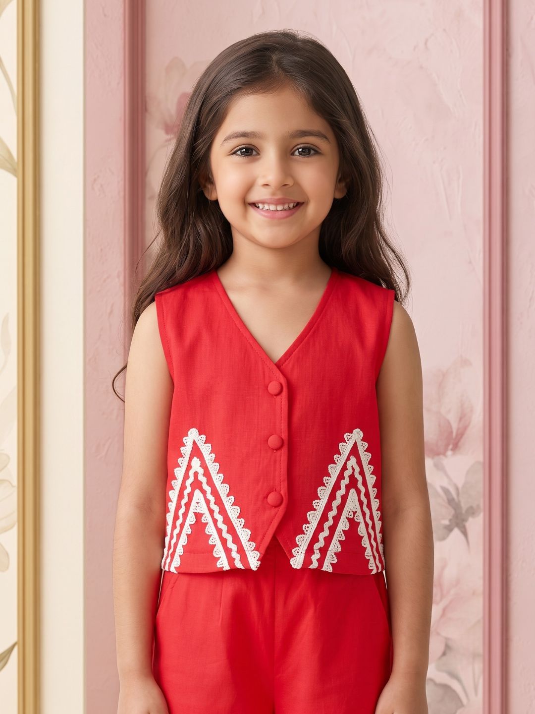 AJ Dezines Red Solid with lace Pure Cotton Co-Ords Set For Girls