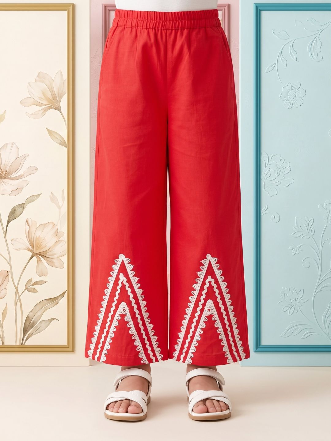 AJ Dezines Red Solid with lace Pure Cotton Co-Ords Set For Girls