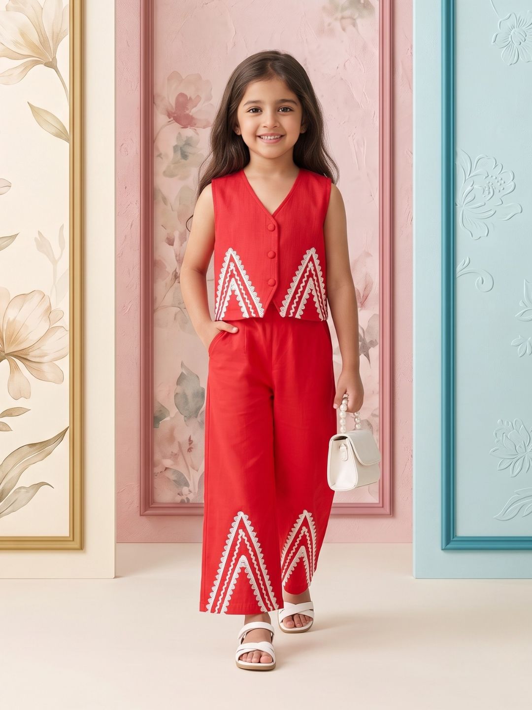 AJ Dezines Red Solid with lace Pure Cotton Co-Ords Set For Girls