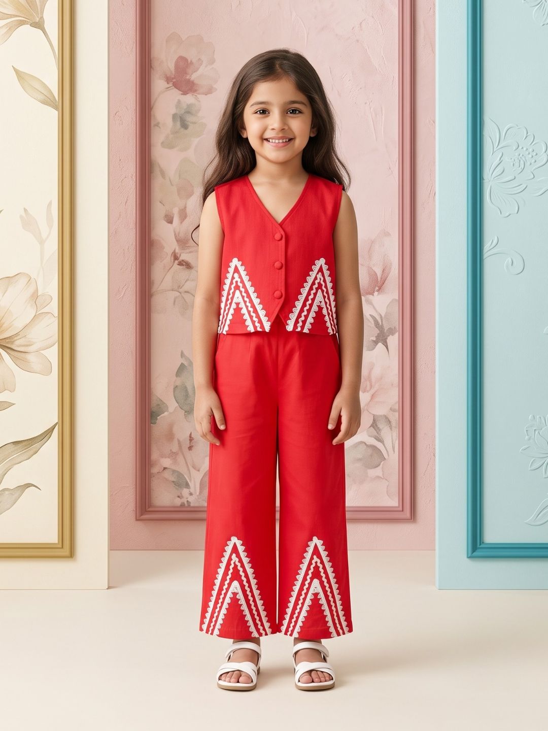 AJ Dezines Red Solid with lace Pure Cotton Co-Ords Set For Girls