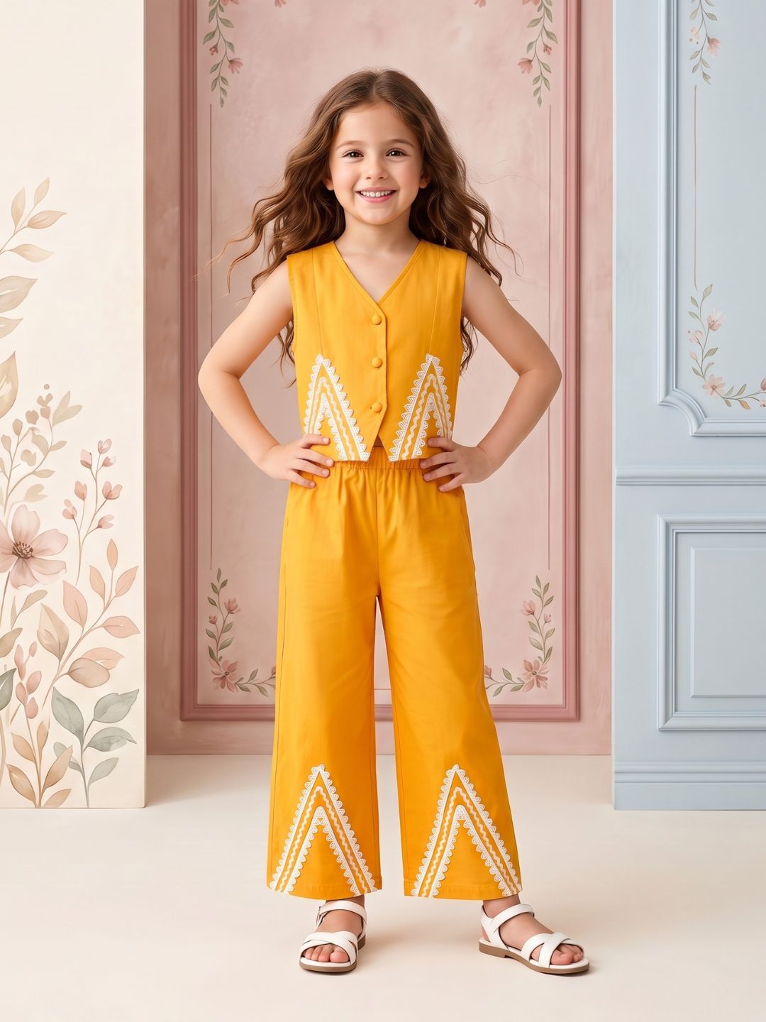 AJ Dezines Mustard Solid with lace Pure Cotton Co-Ords Set For Girls