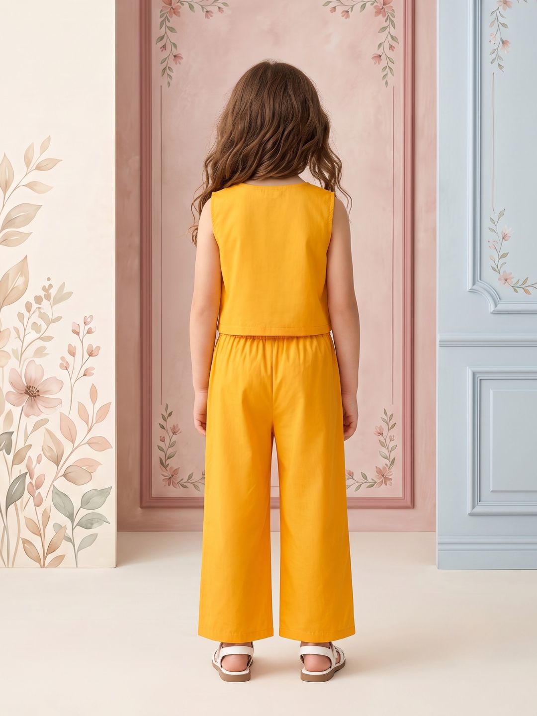 AJ Dezines Mustard Solid with lace Pure Cotton Co-Ords Set For Girls