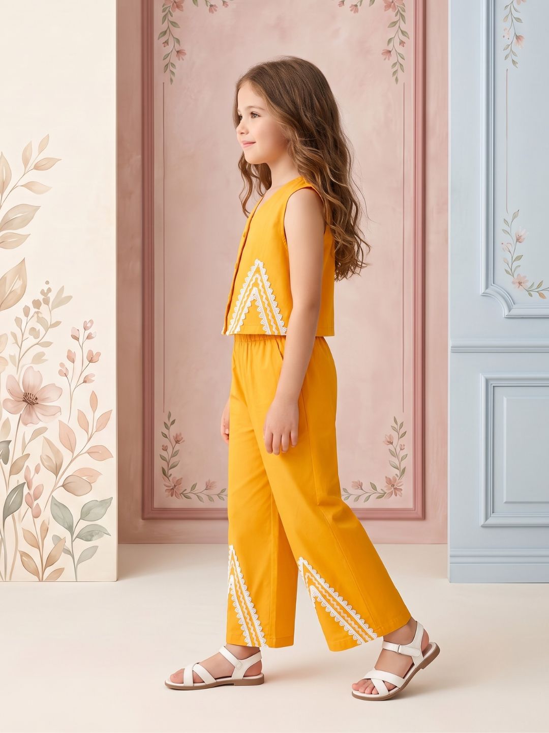 AJ Dezines Mustard Solid with lace Pure Cotton Co-Ords Set For Girls