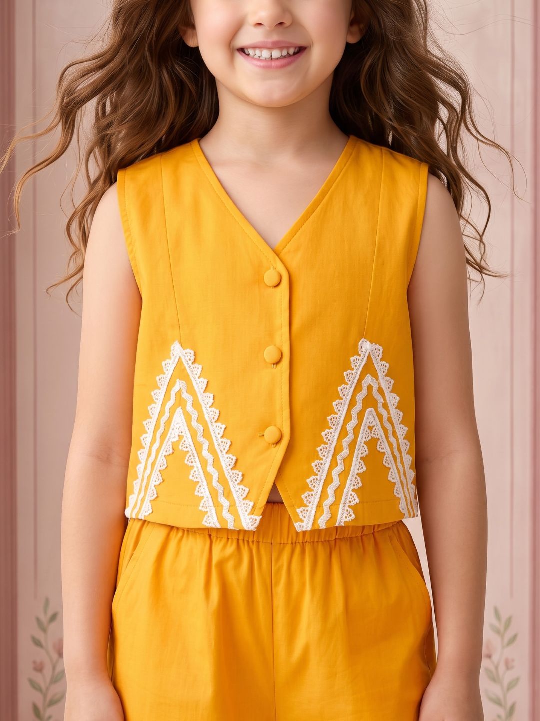 AJ Dezines Mustard Solid with lace Pure Cotton Co-Ords Set For Girls