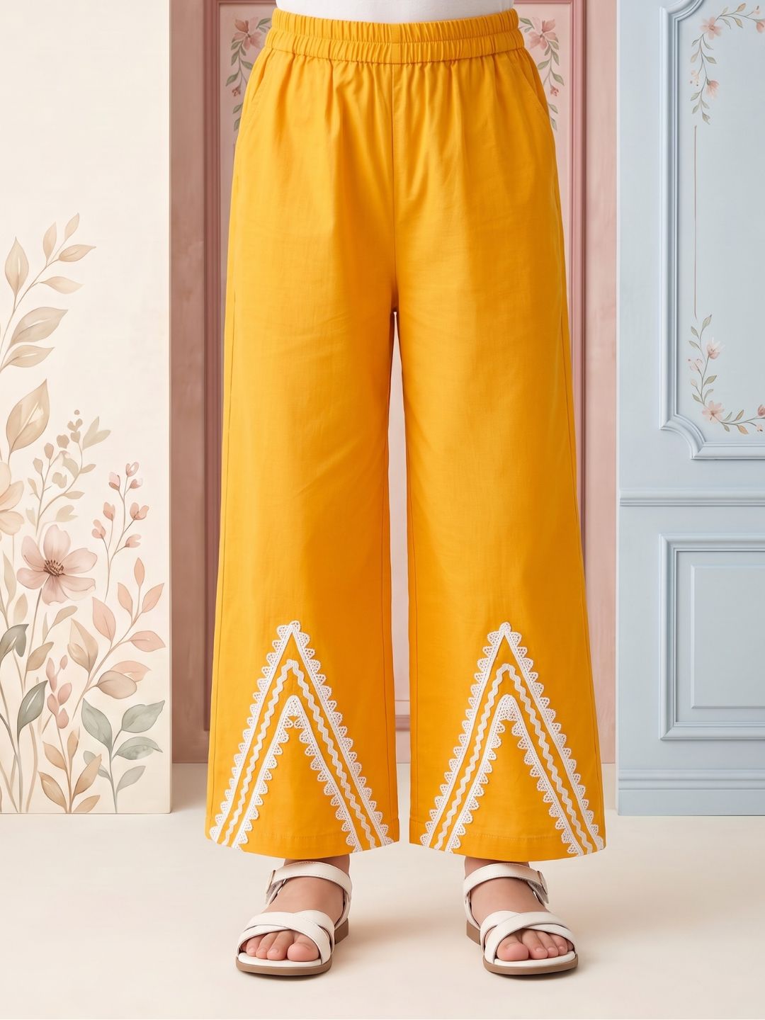 AJ Dezines Mustard Solid with lace Pure Cotton Co-Ords Set For Girls