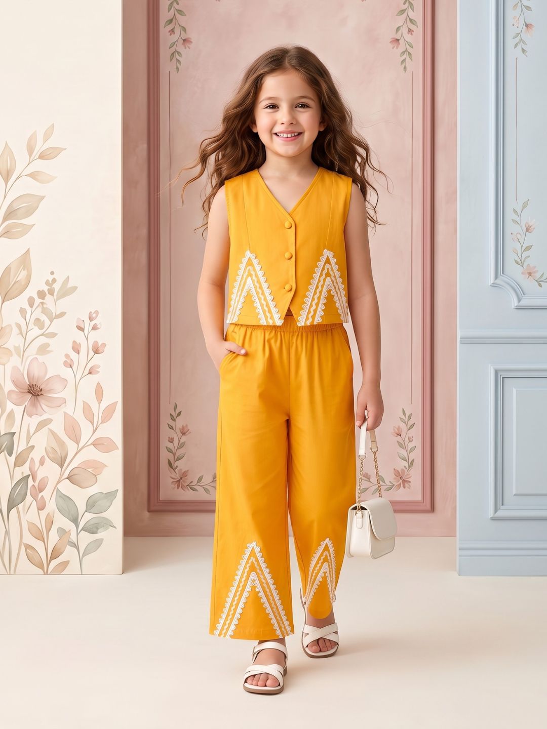 AJ Dezines Mustard Solid with lace Pure Cotton Co-Ords Set For Girls