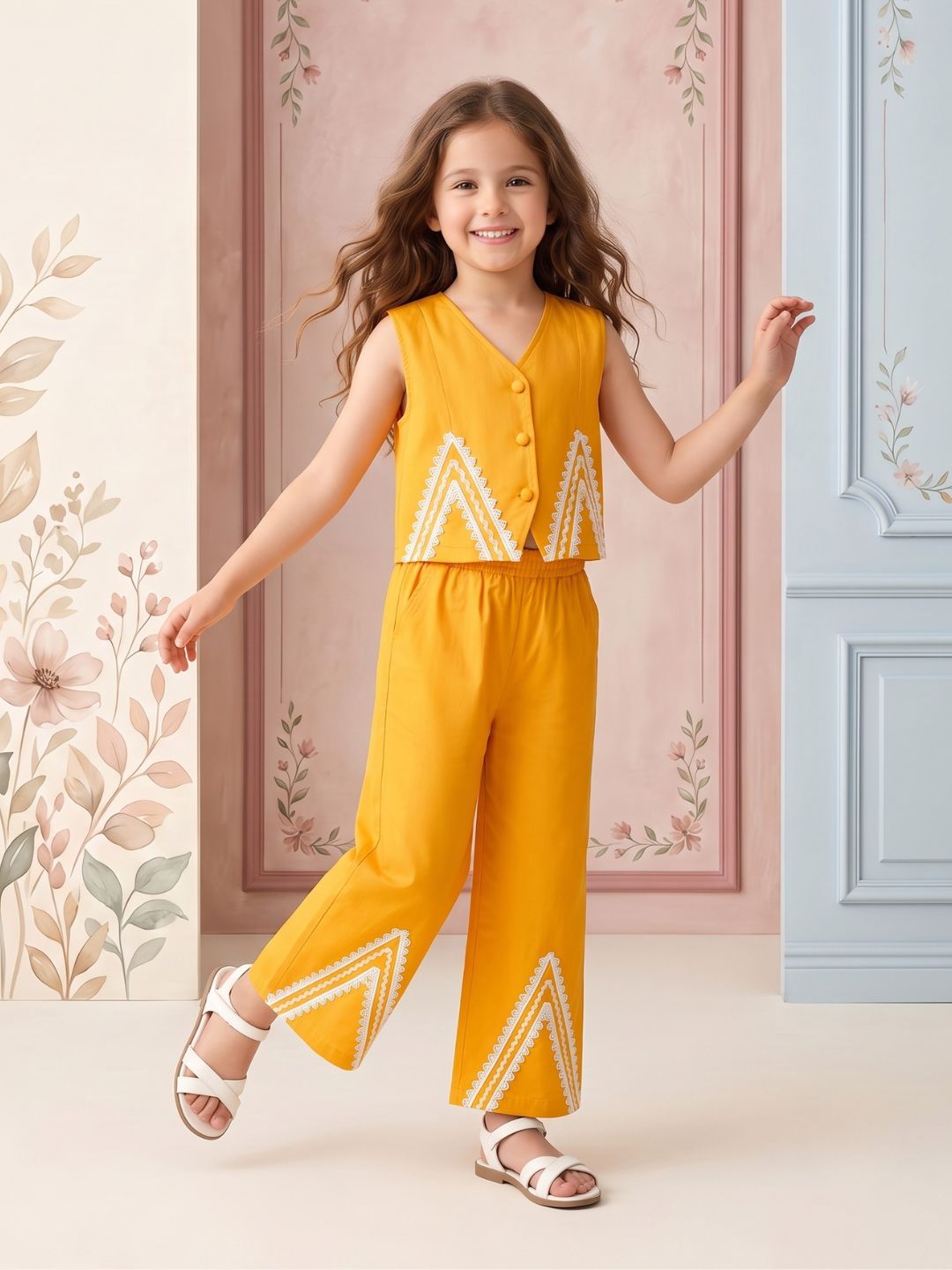 AJ Dezines Mustard Solid with lace Pure Cotton Co-Ords Set For Girls