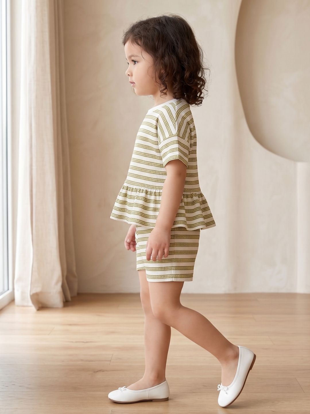 AJ Dezines Green Stripe Cotton Blend Co-Ords Set For Girls