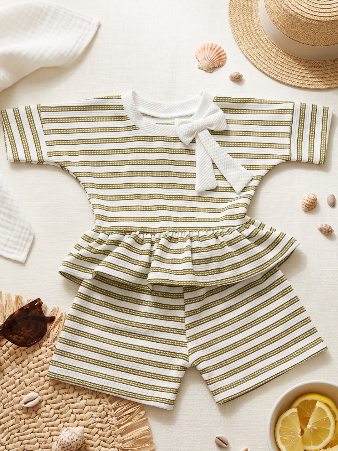 AJ Dezines Green Stripe Cotton Blend Co-Ords Set For Girls