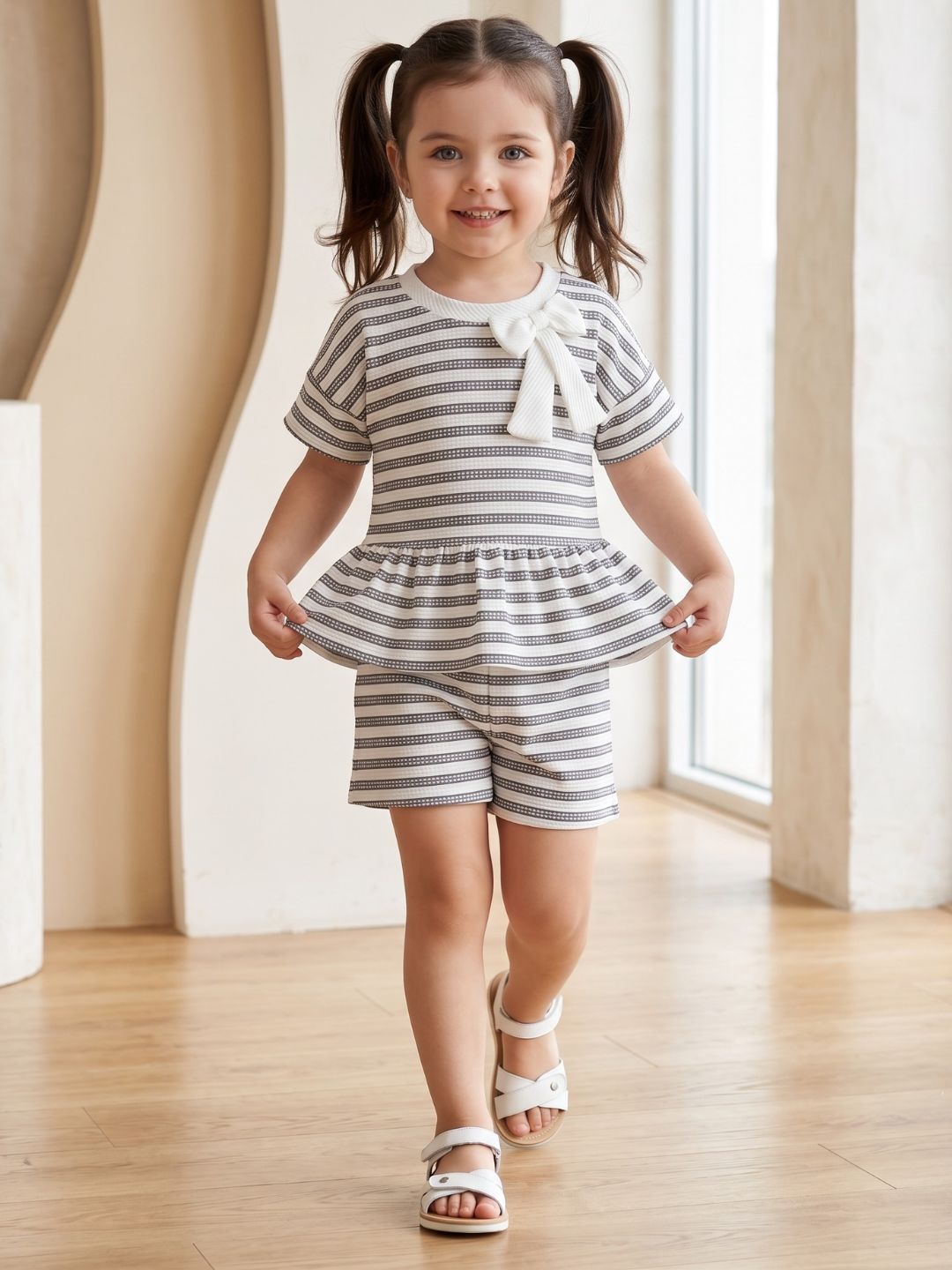 AJ Dezines Grey Stripe Cotton Blend Casual Wear Sibling Co-Ord Set for Kids | Matching Brother & Sister Outfit