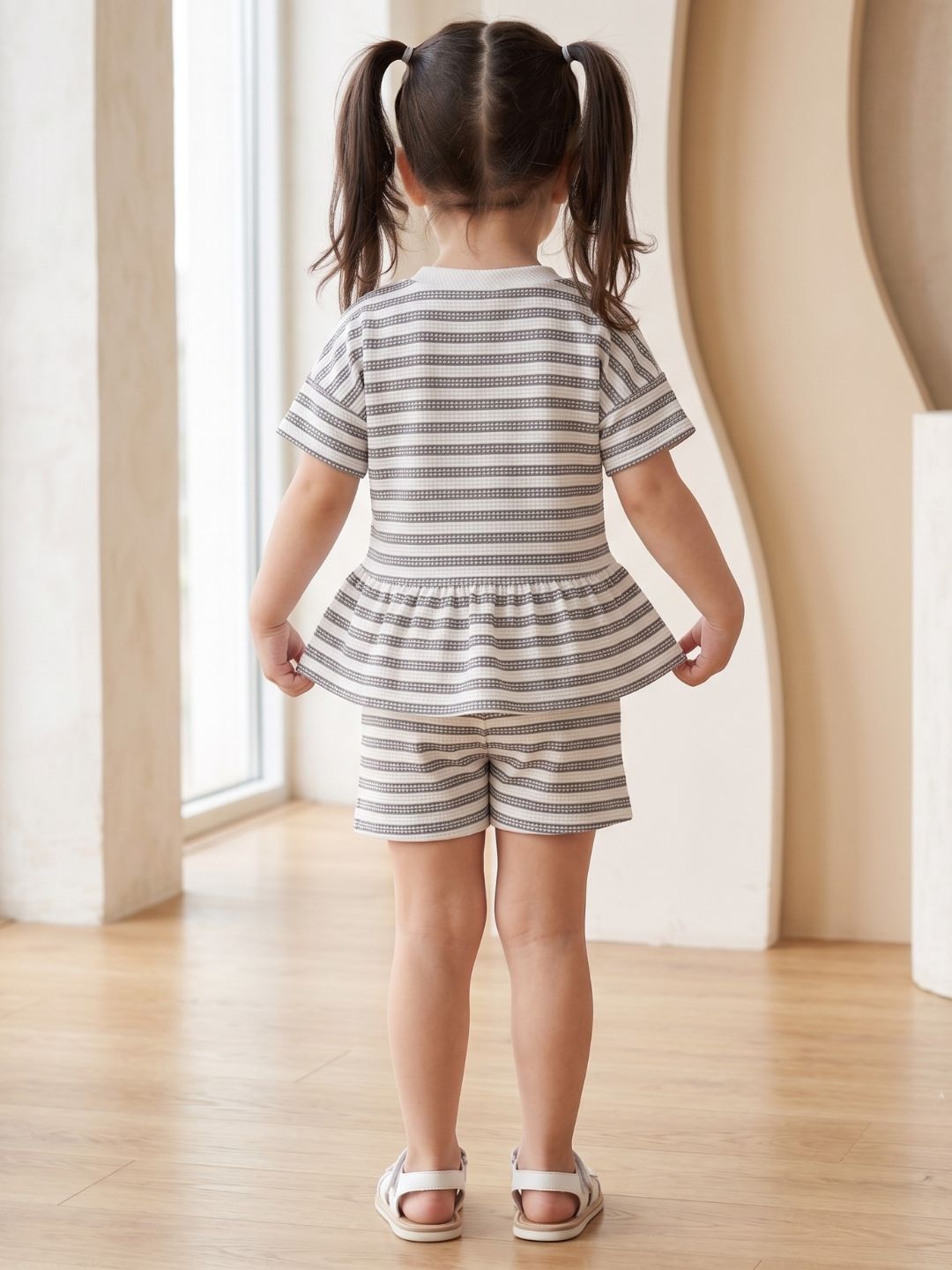 AJ Dezines Grey Stripe Cotton Blend Casual Wear Sibling Co-Ord Set for Kids | Matching Brother & Sister Outfit