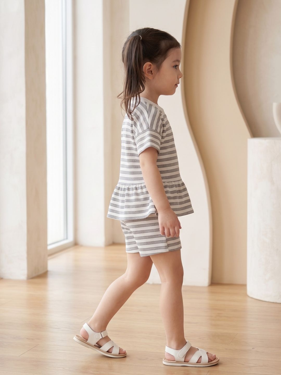 AJ Dezines Grey Stripe Cotton Blend Co-Ords Set For Girls