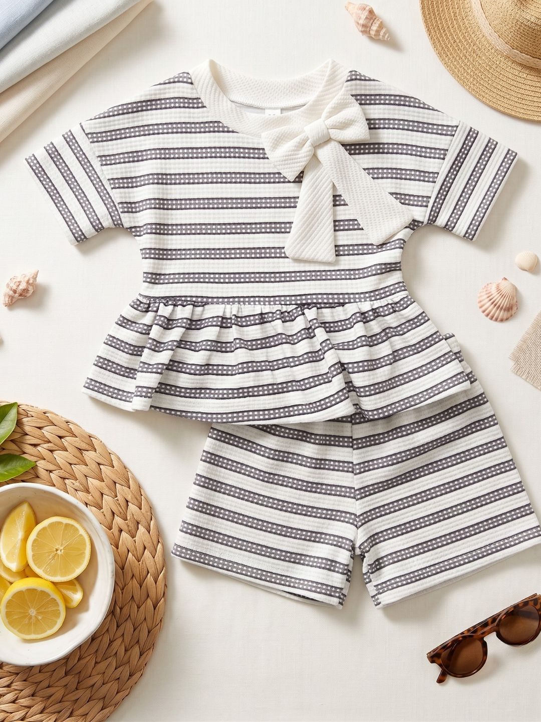 AJ Dezines Grey Stripe Cotton Blend Co-Ords Set For Girls