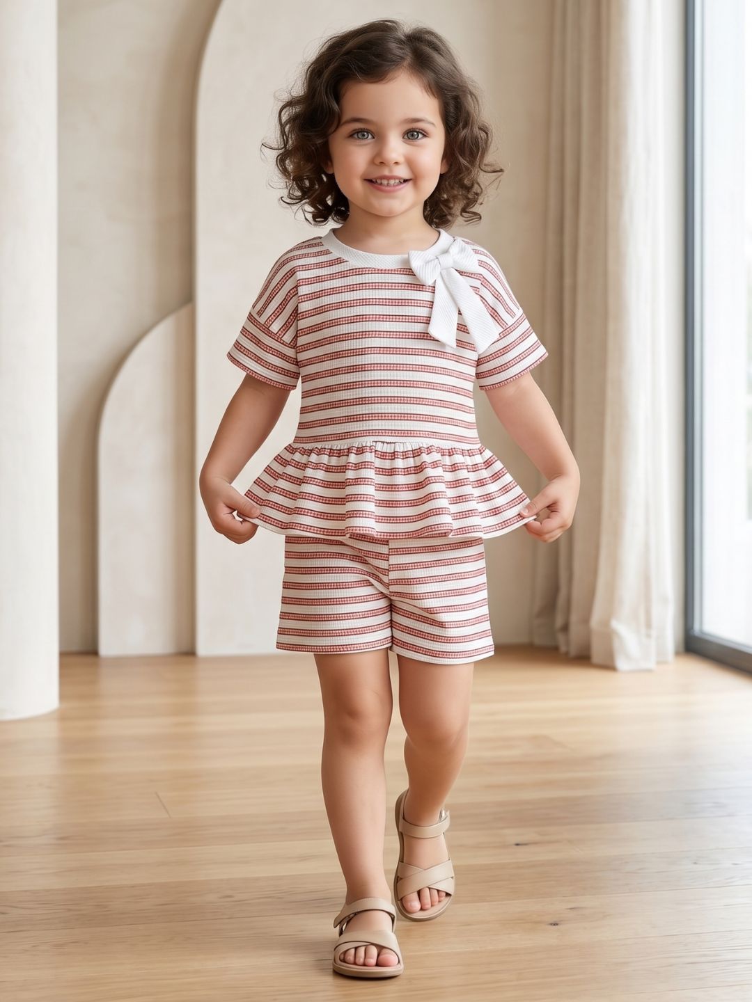AJ Dezines Orange Stripe Cotton Blend Co-Ords Set For Girls