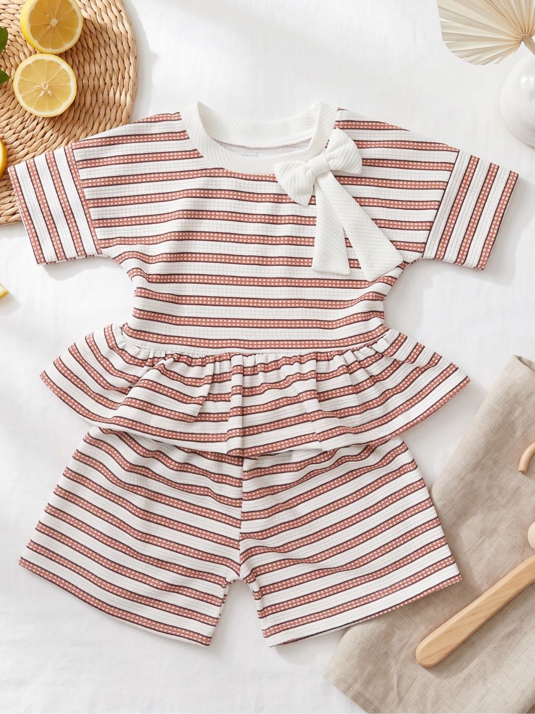 AJ Dezines Orange Stripe Cotton Blend Casual Wear Sibling Co-Ord Set for Kids | Matching Brother & Sister Outfit