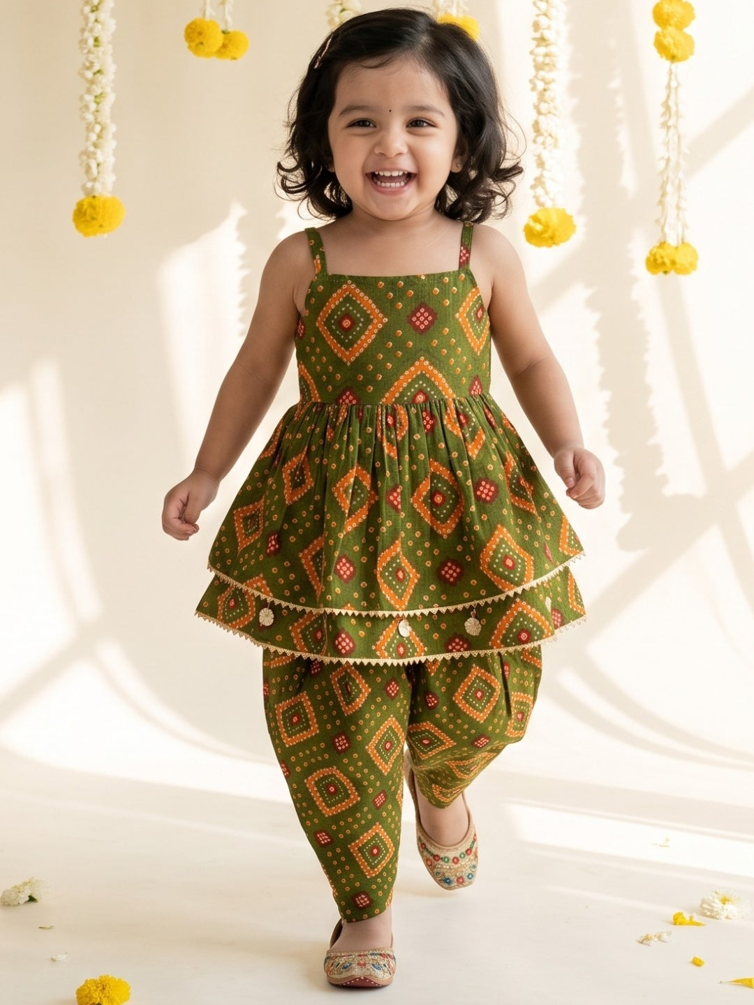 AJ Dezines Green Bandhani Print Pure Cotton Sibling Set for Kids | Matching Brother & Sister Outfit