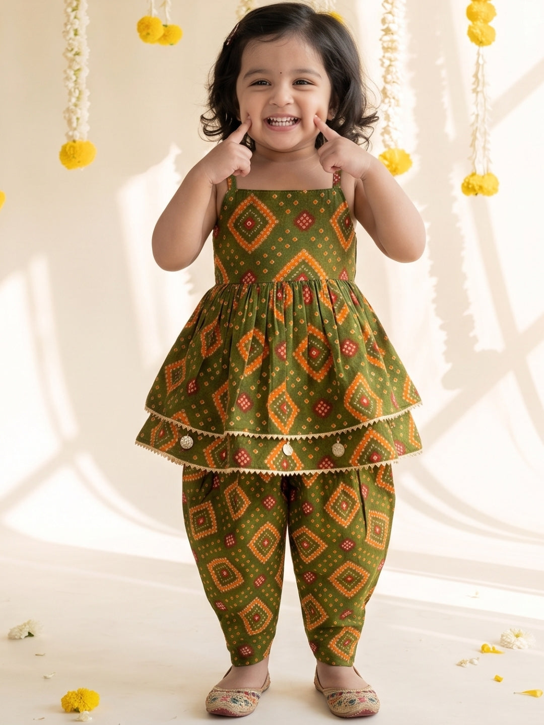 AJ Dezines Green Bandhani Print Pure Cotton Sibling Set for Kids | Matching Brother & Sister Outfit