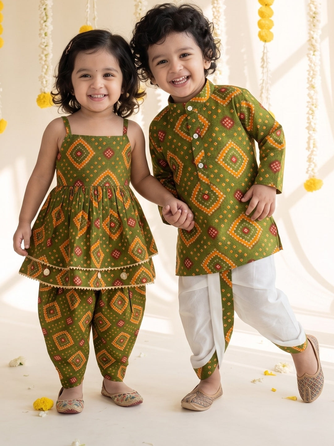 AJ Dezines Green Bandhani Print Pure Cotton Sibling Set for Kids | Matching Brother & Sister Outfit