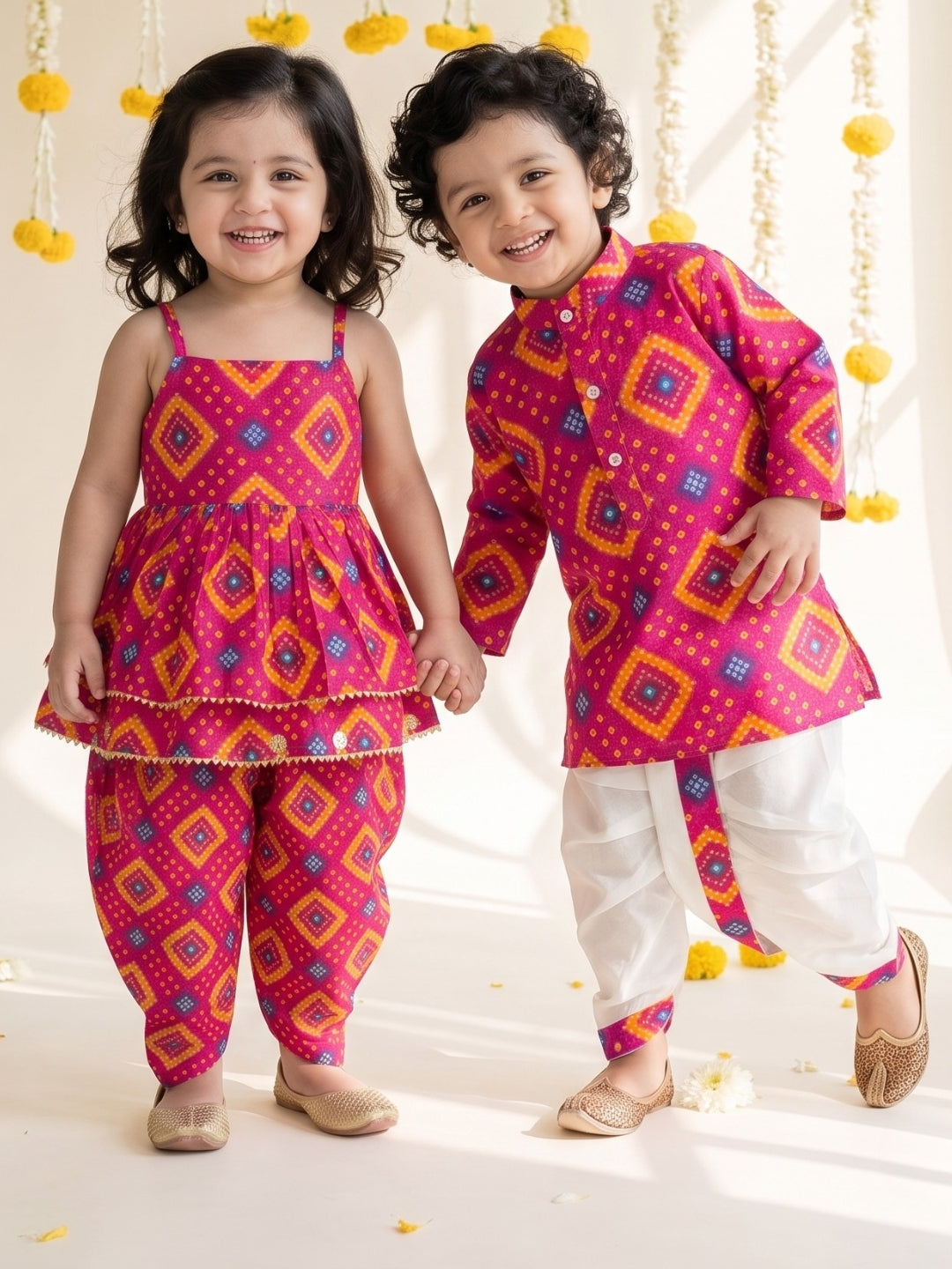 AJ Dezines Pink Bandhani Print Pure Cotton Sibling Set for Kids | Matching Brother & Sister Outfit