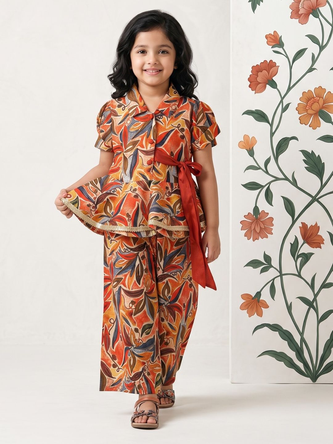 AJ Dezines Orange Floral Print Pure Cotton Co-Ords Set For Girls