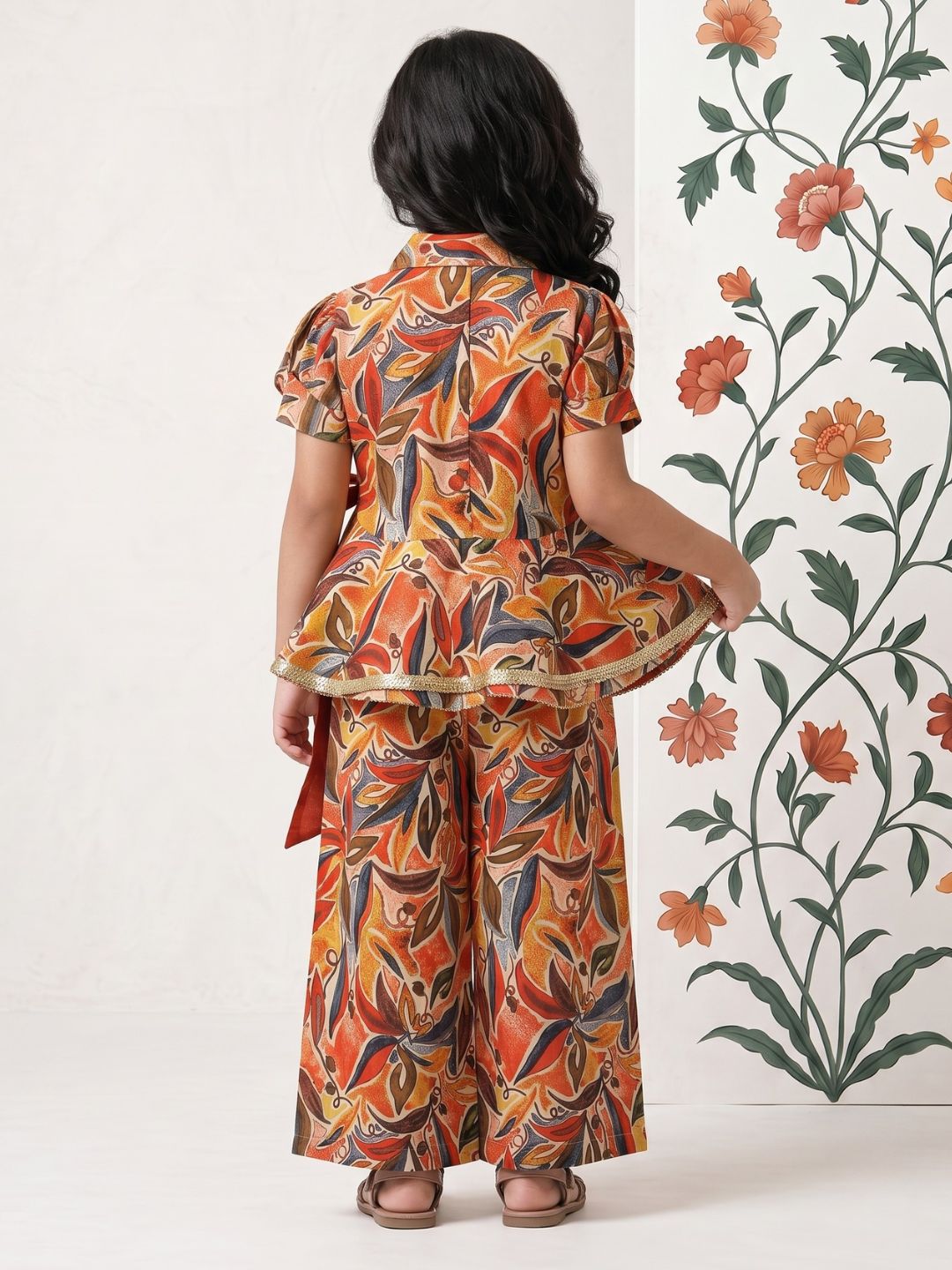AJ Dezines Orange Floral Print Pure Cotton Co-Ords Set For Girls