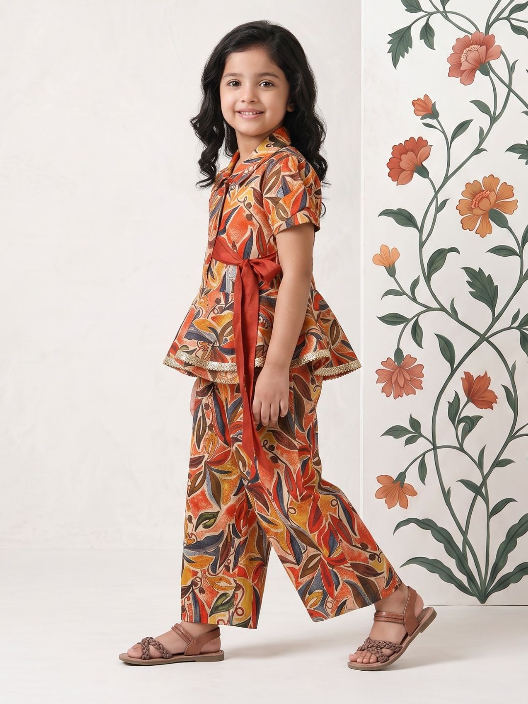 AJ Dezines Orange Floral Print Pure Cotton Co-Ords Set For Girls