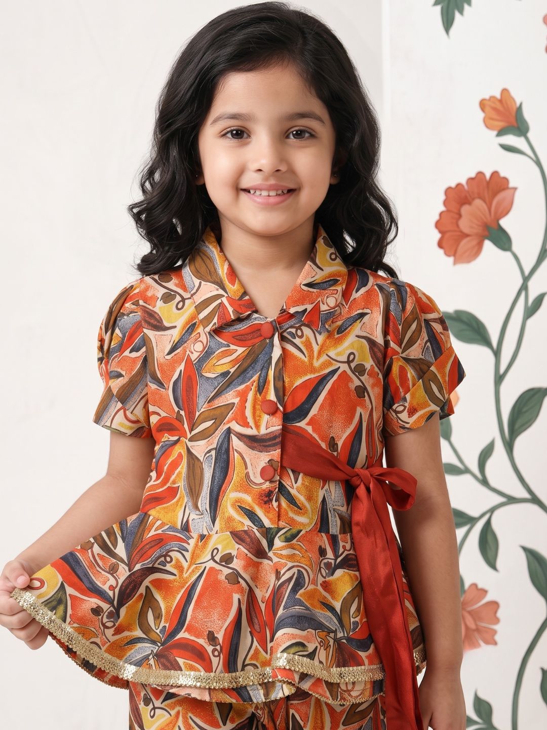AJ Dezines Orange Floral Print Pure Cotton Co-Ords Set For Girls