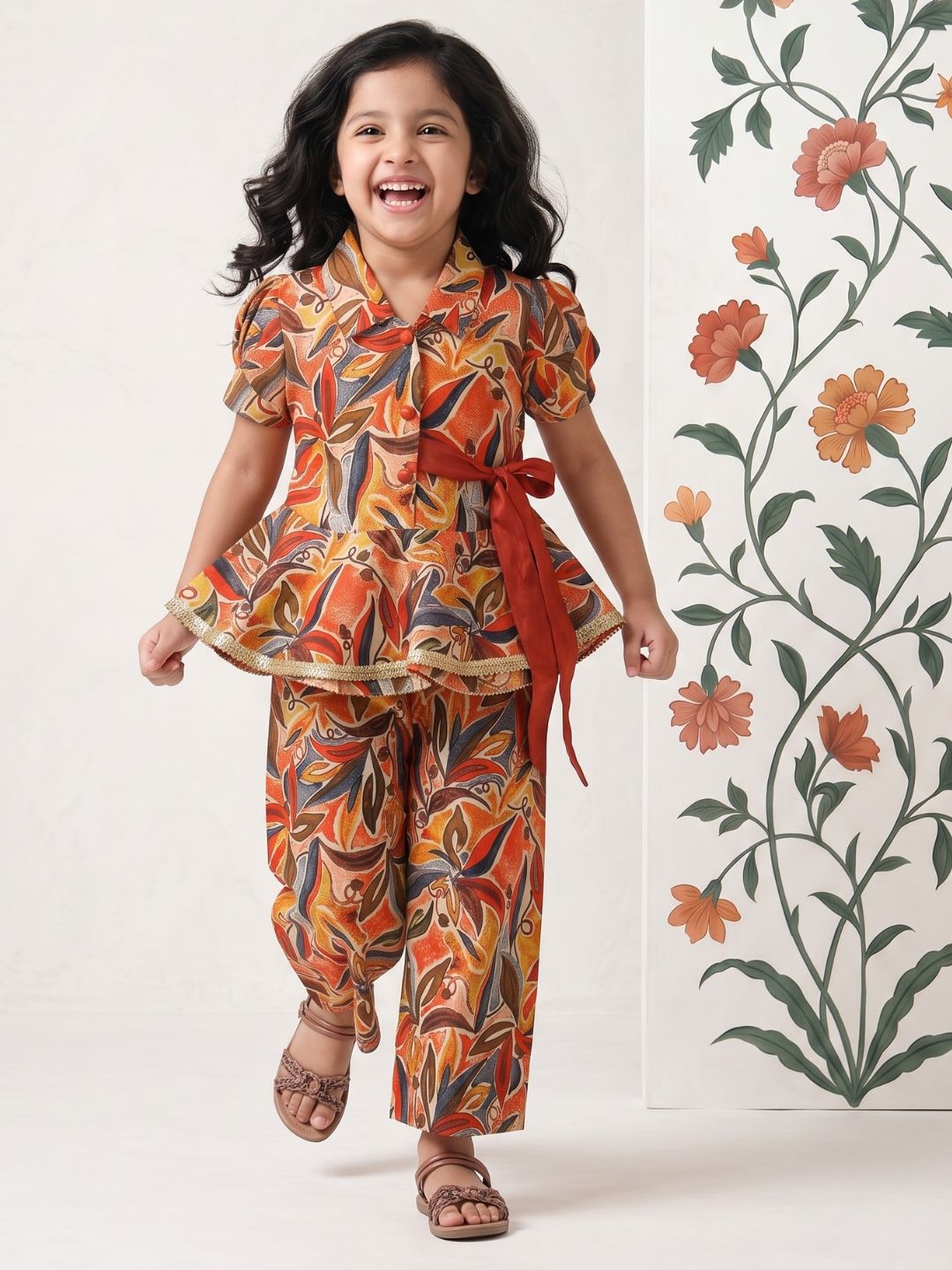 AJ Dezines Orange Floral Print Pure Cotton Co-Ords Set For Girls