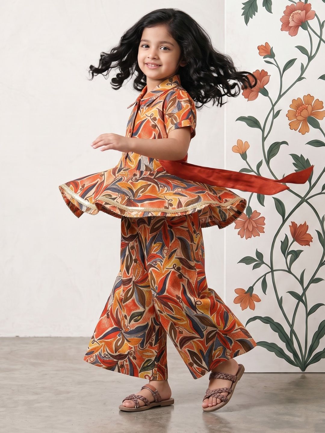 AJ Dezines Orange Floral Print Pure Cotton Co-Ords Set For Girls