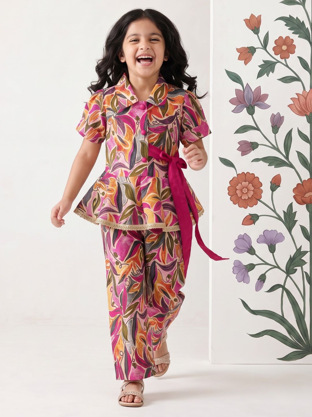 AJ Dezines Pink Floral Print Pure cotton Co-Ords Set For Girls