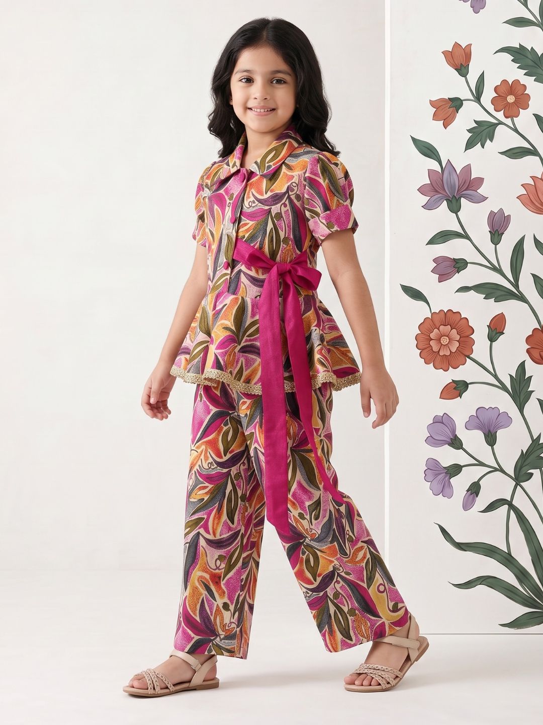 AJ Dezines Pink Floral Print Pure cotton Co-Ords Set For Girls