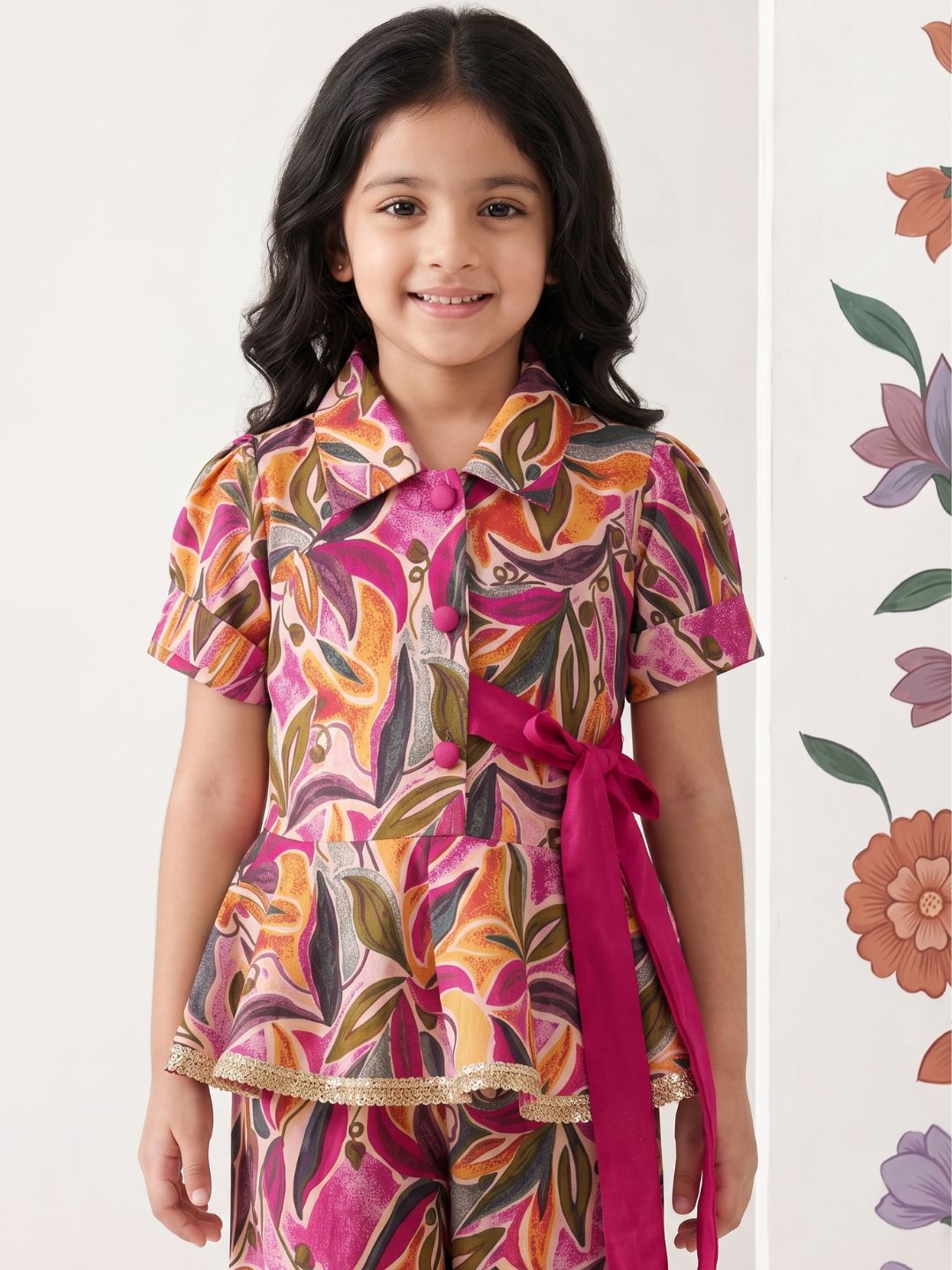 AJ Dezines Pink Floral Print Pure cotton Co-Ords Set For Girls