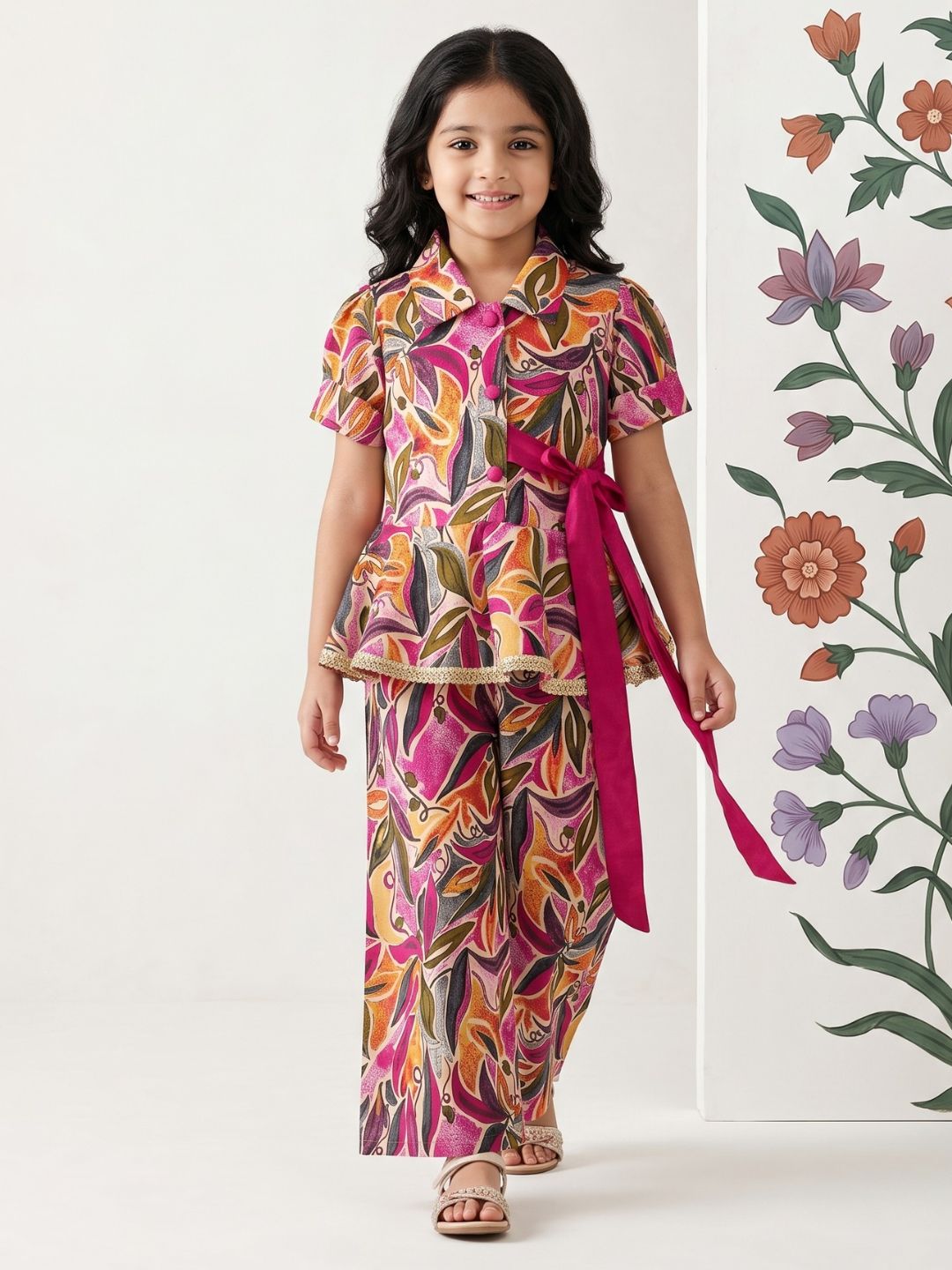 AJ Dezines Pink Floral Print Pure cotton Co-Ords Set For Girls