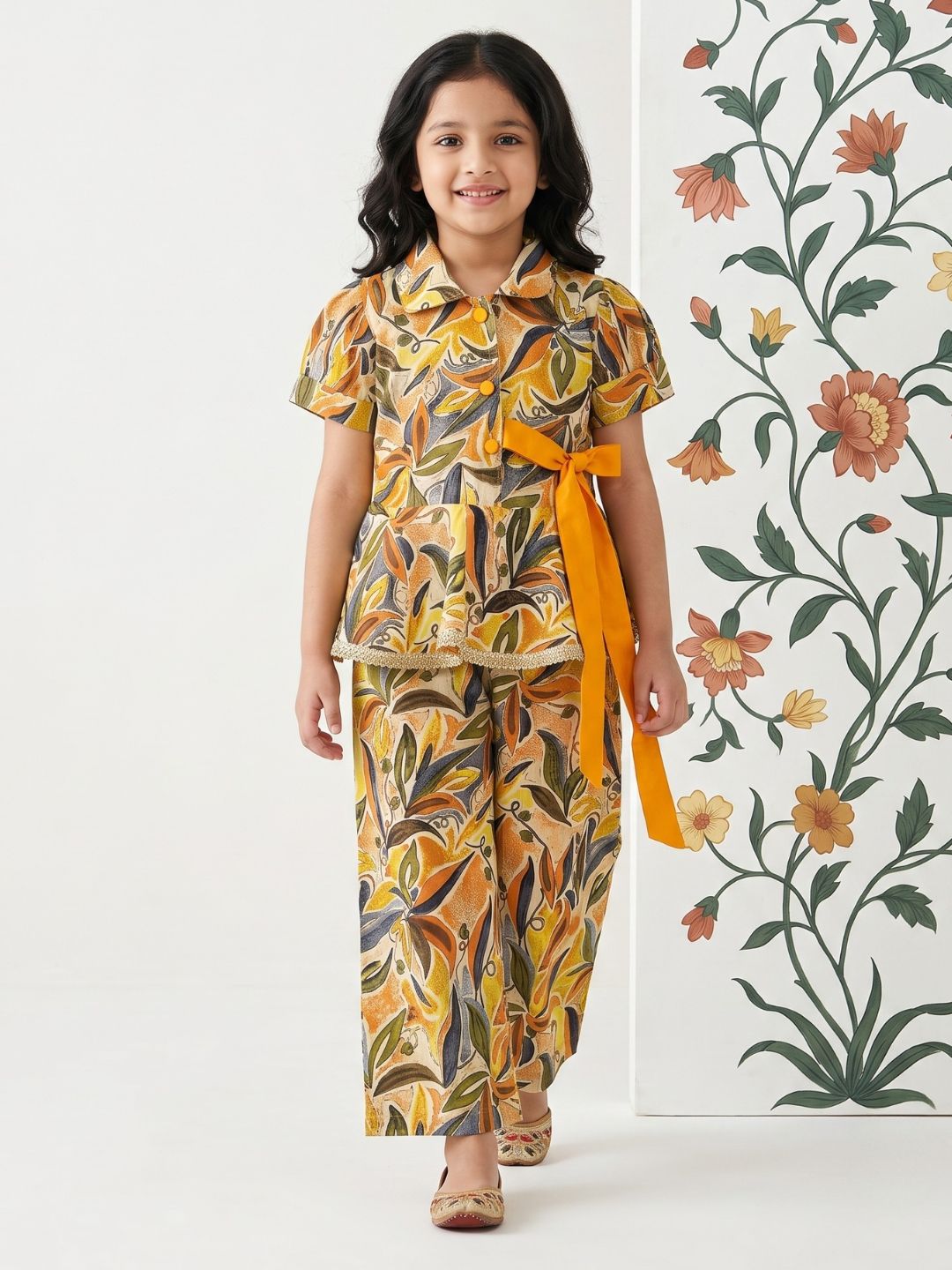 AJ Dezines Yellow Floral print Pure cotton Co-Ords Set For Girls
