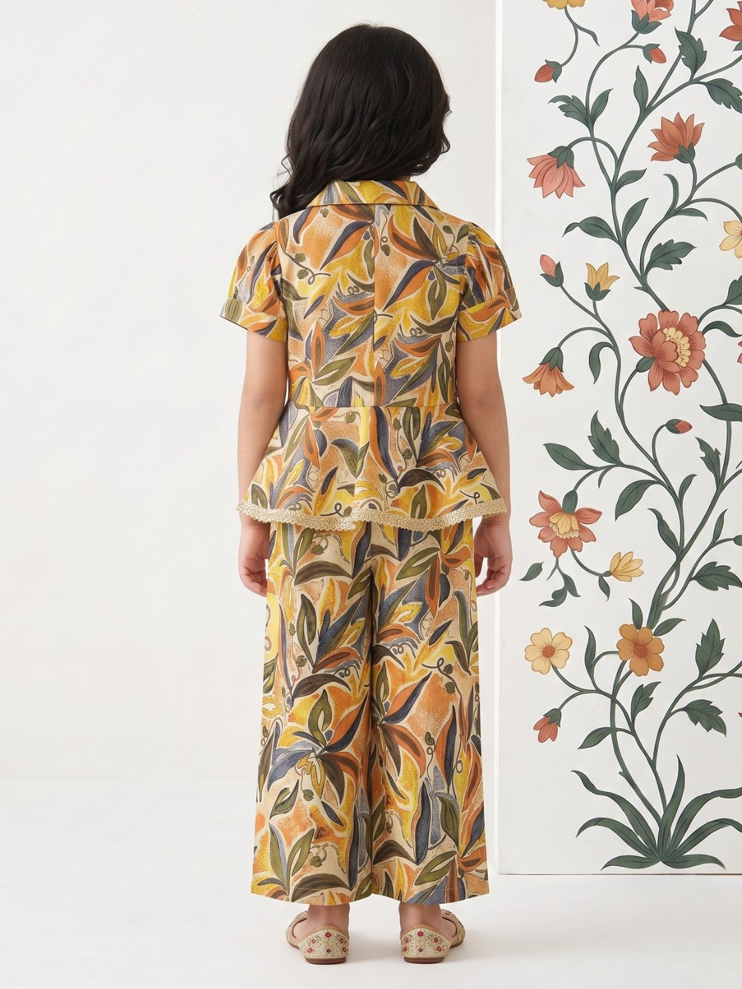 AJ Dezines Yellow Floral print Pure cotton Co-Ords Set For Girls