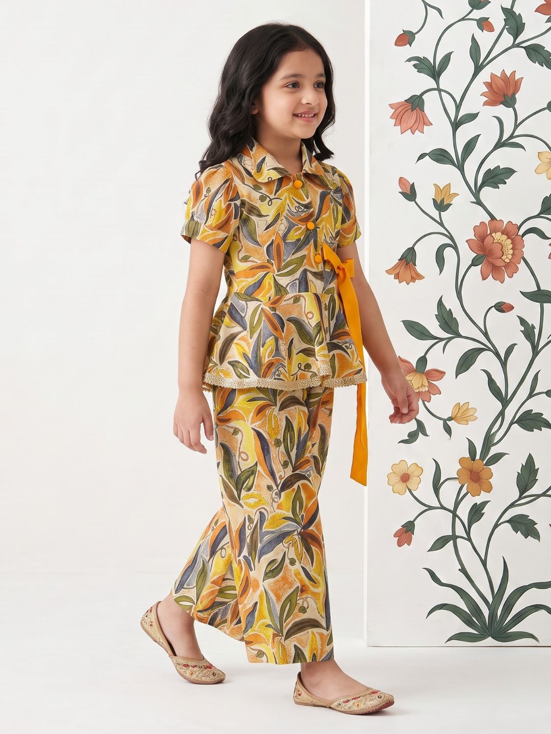 AJ Dezines Yellow Floral print Pure cotton Co-Ords Set For Girls